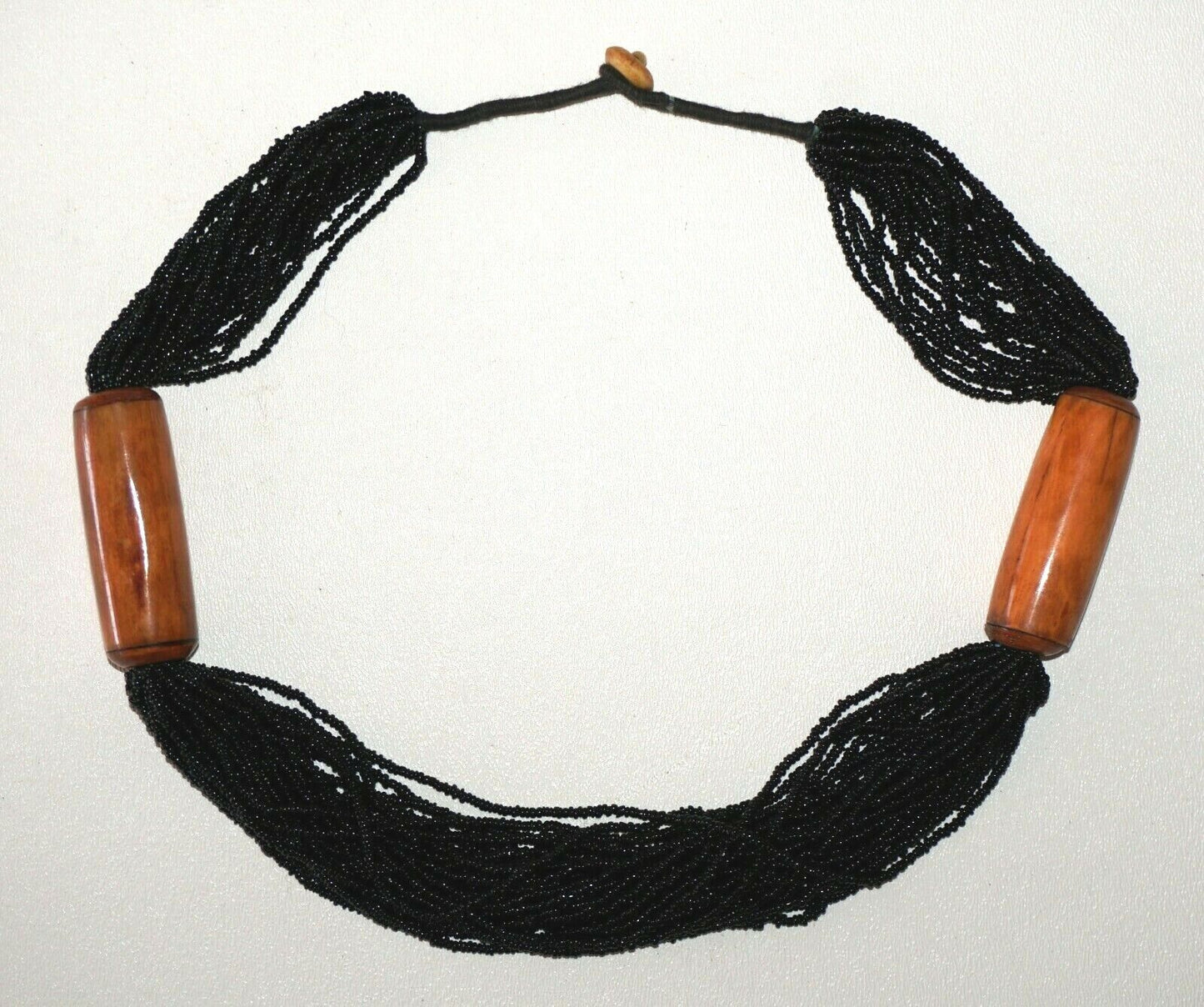 Vintage 20x Strand Black Mini Bead Necklace w. Blond Wood Tube Accents (Bsg)#35