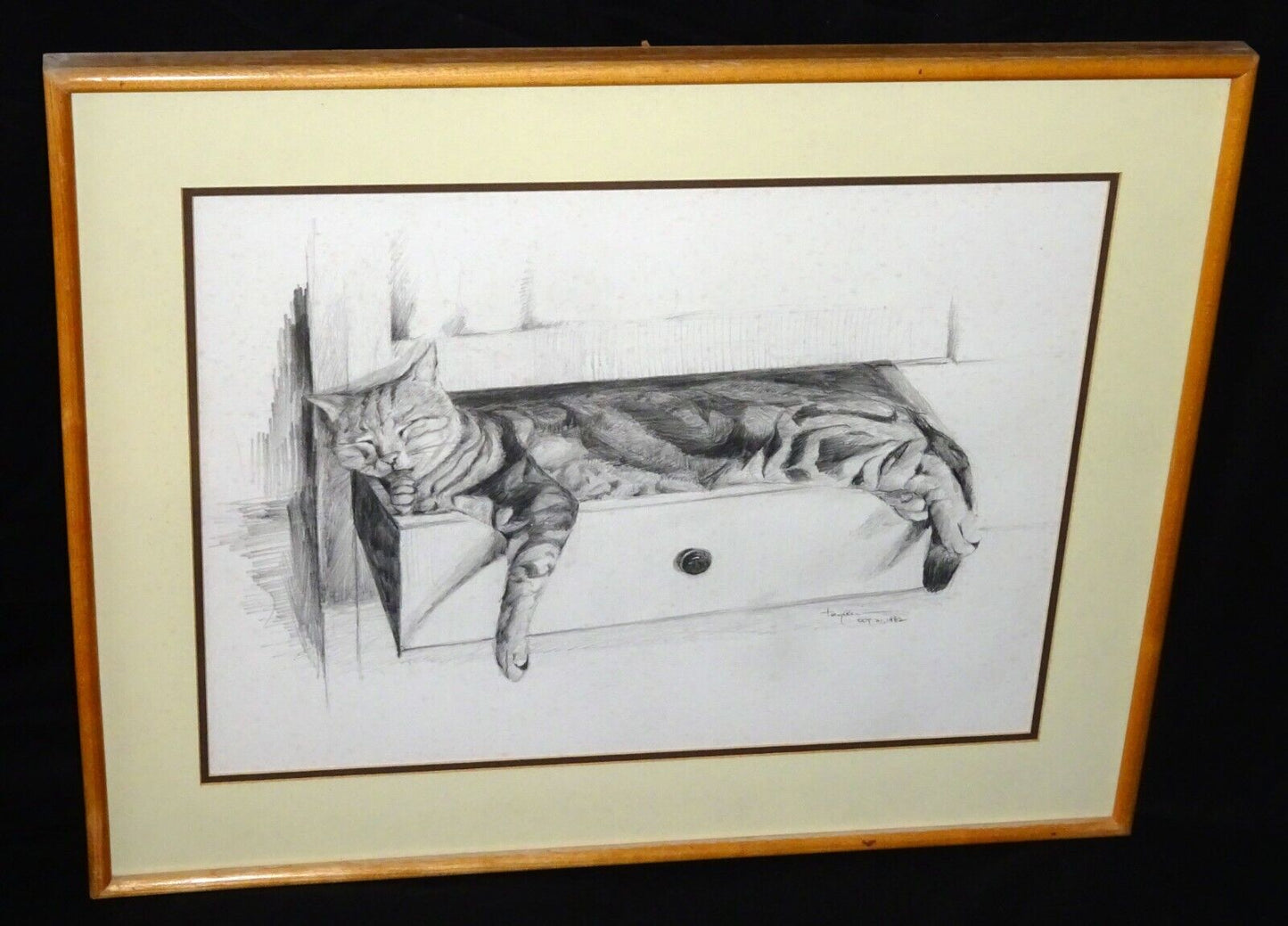 1982 Hawaii Pencil Drawing Kitty Cat in a Drawer Hiroshi Tagami (1929-2014)(ZiK)