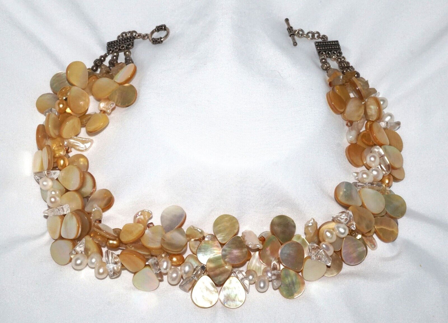 Triple Strand Silver Necklace w Mother of Pearl, Keshi & Irregular Pearls (MaM)2