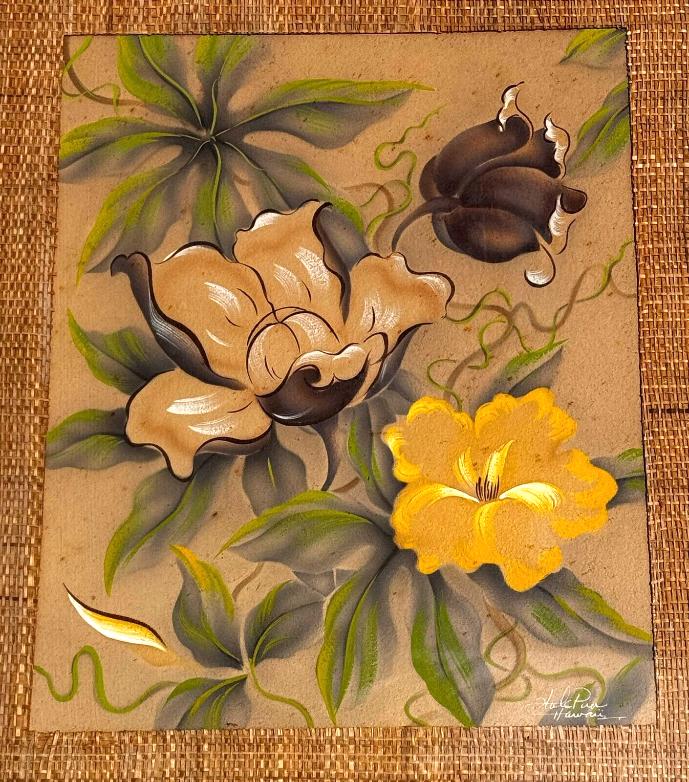 (2x) 1950's Hale Pua Hawaii Airbrushed Floral Paintings by Frank Oda (KuK)