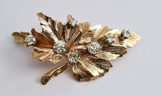 Vintage 18k Yellow Gold Leaf Brooch Pendant 7x Diamonds approx. 4.5ct. (TaE)