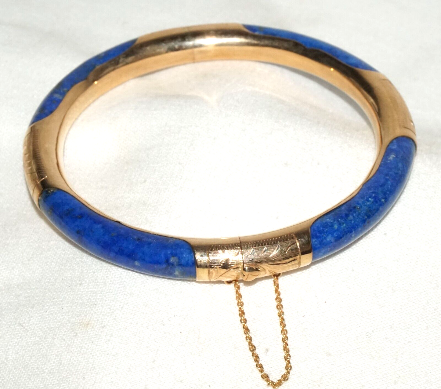 Vintage Chinese 14k Yellow Gold & Sodalite Hinged Bangle Bracelet (InS)#L1