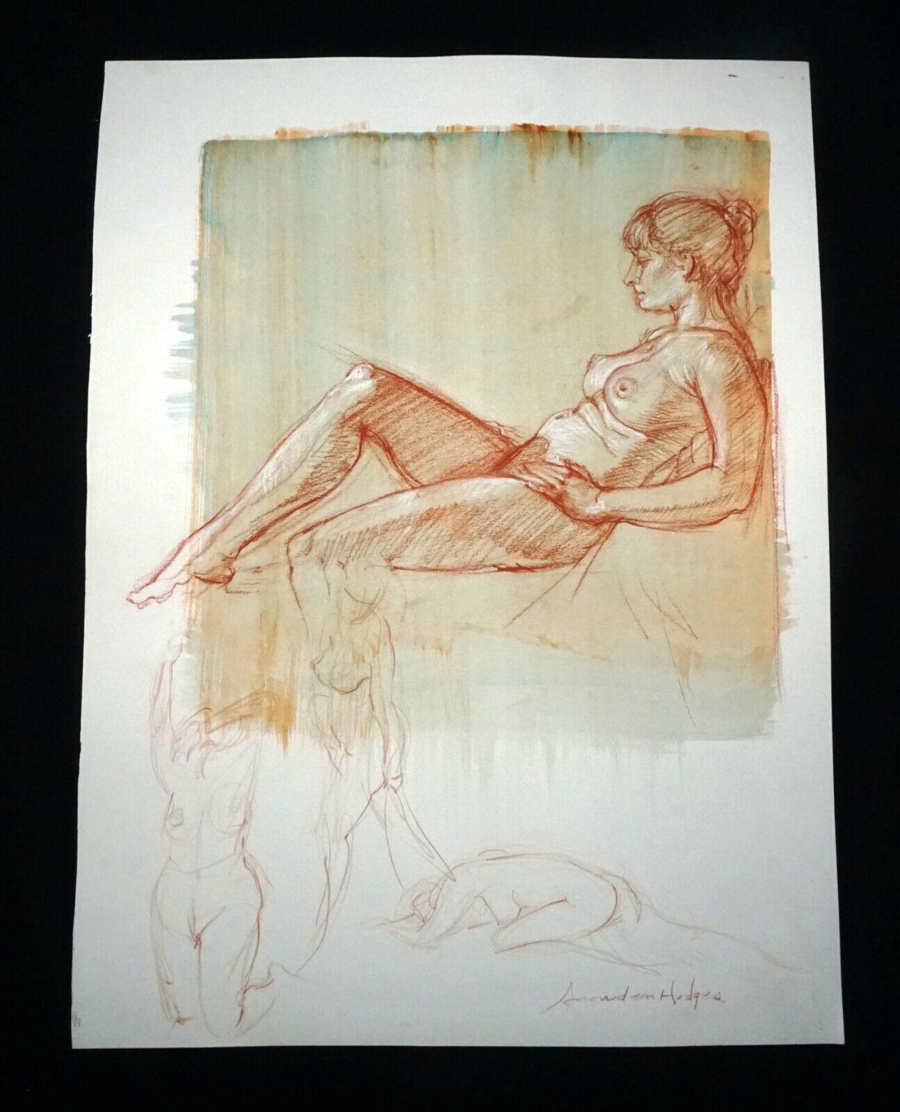 Hawaii Mixed Media Wash Painting Seated Female Nude Snowden Hodges(Sho)#127