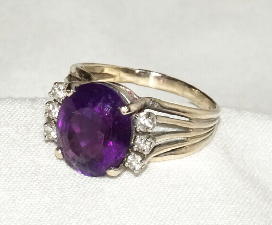 Vintage 14k Yellow Gold Ring Sz.8.5 w. 1x Amethyst & 6x Diamonds (GoB) #12a