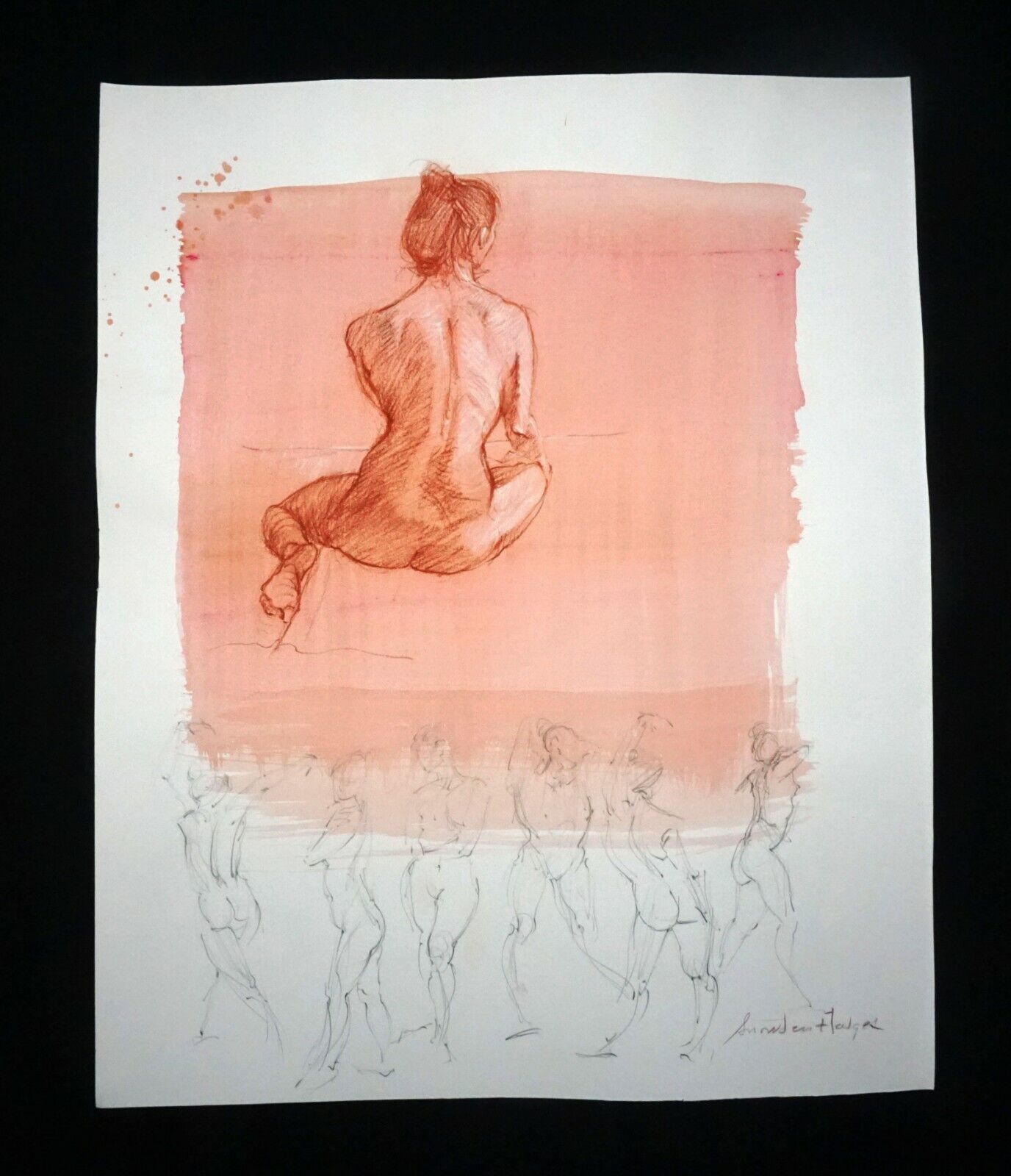 Hawaii Mixed Media Wash Painting Seated Female Nude Back Snowden Hodges(Sho)#106