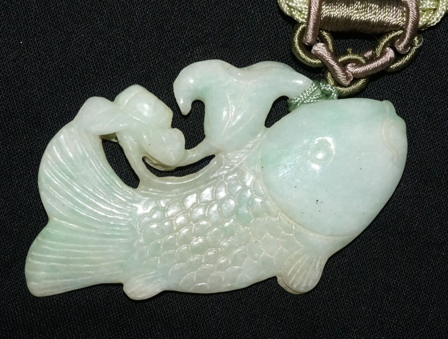 Vintage Chinese Jadeite Jade & Carp & Lotus Motif Carved Pendant (LeS)L23