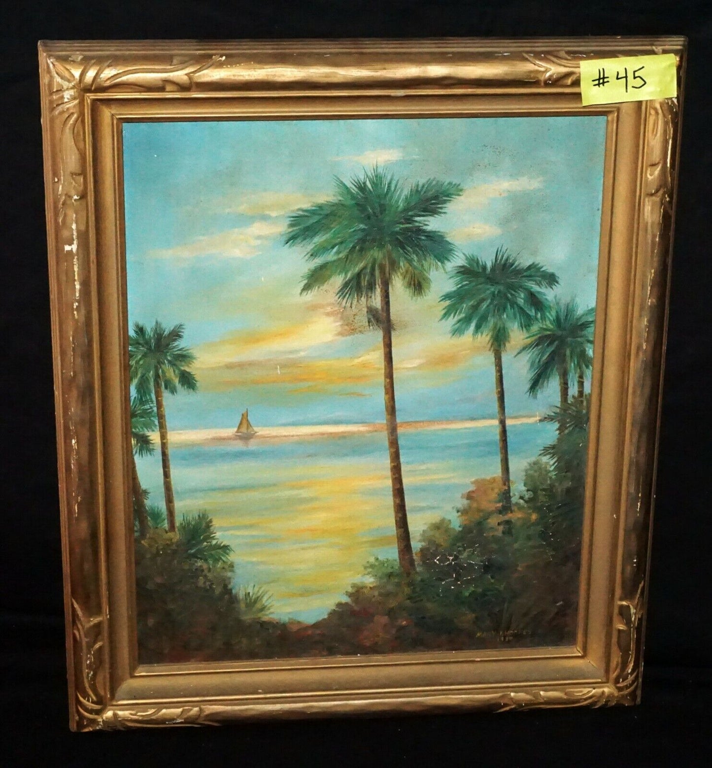 1938 California Framed Oil Painting "Palms & Sailboat" by Mary I. Hoopes (***)