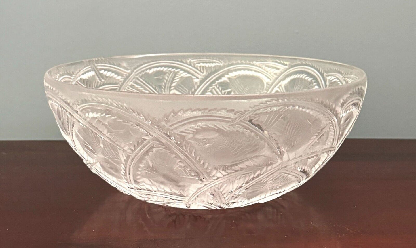 Vintage French Lalique Crystal Pinsons Finches Bird Bowl 9.25" (AHB)