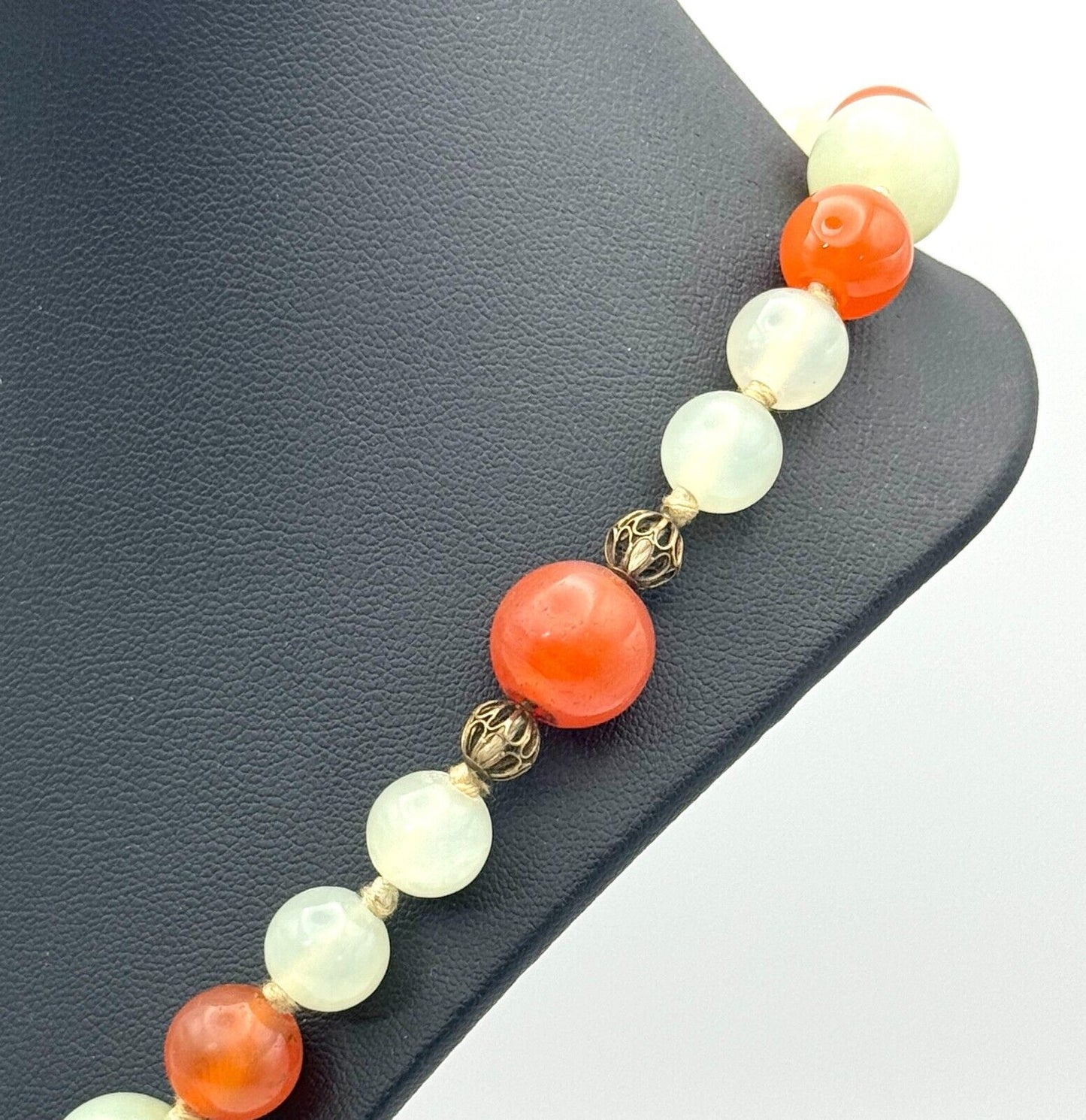 Vtg Chinese Celadon Jade & Carnelian Bead Necklace 27" w Filigree Clasp (MiM)