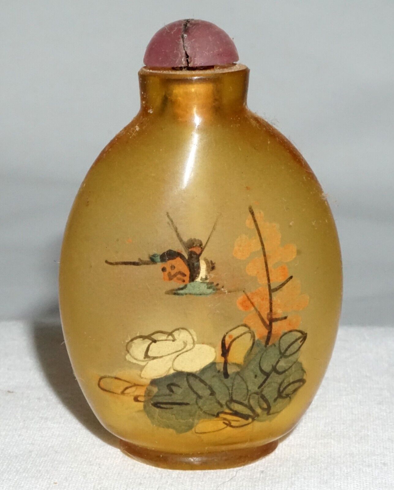 Vtg Chinese Reverse Painted Glass Snuff Bottle w Birds & Insects Motif (LLA) IC