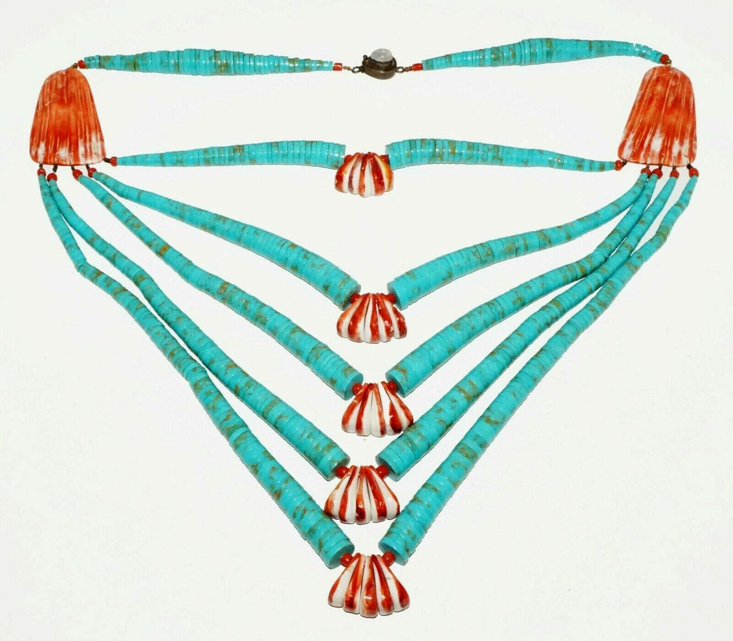 US Aboriginal Tribal 5 Strand Turquoise Bead & Red Shell Necklace (HaY)#20