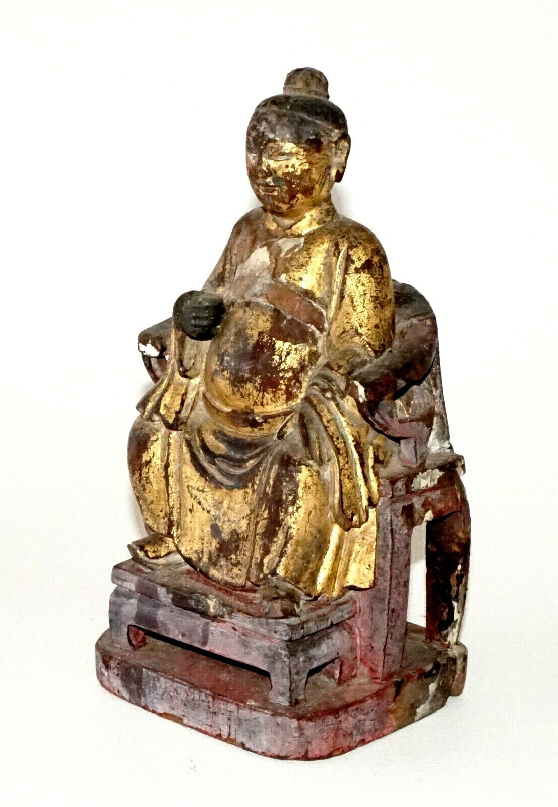 17/18C Chinese Gilt Wooden Folk Carving Seated Deity (MeE)