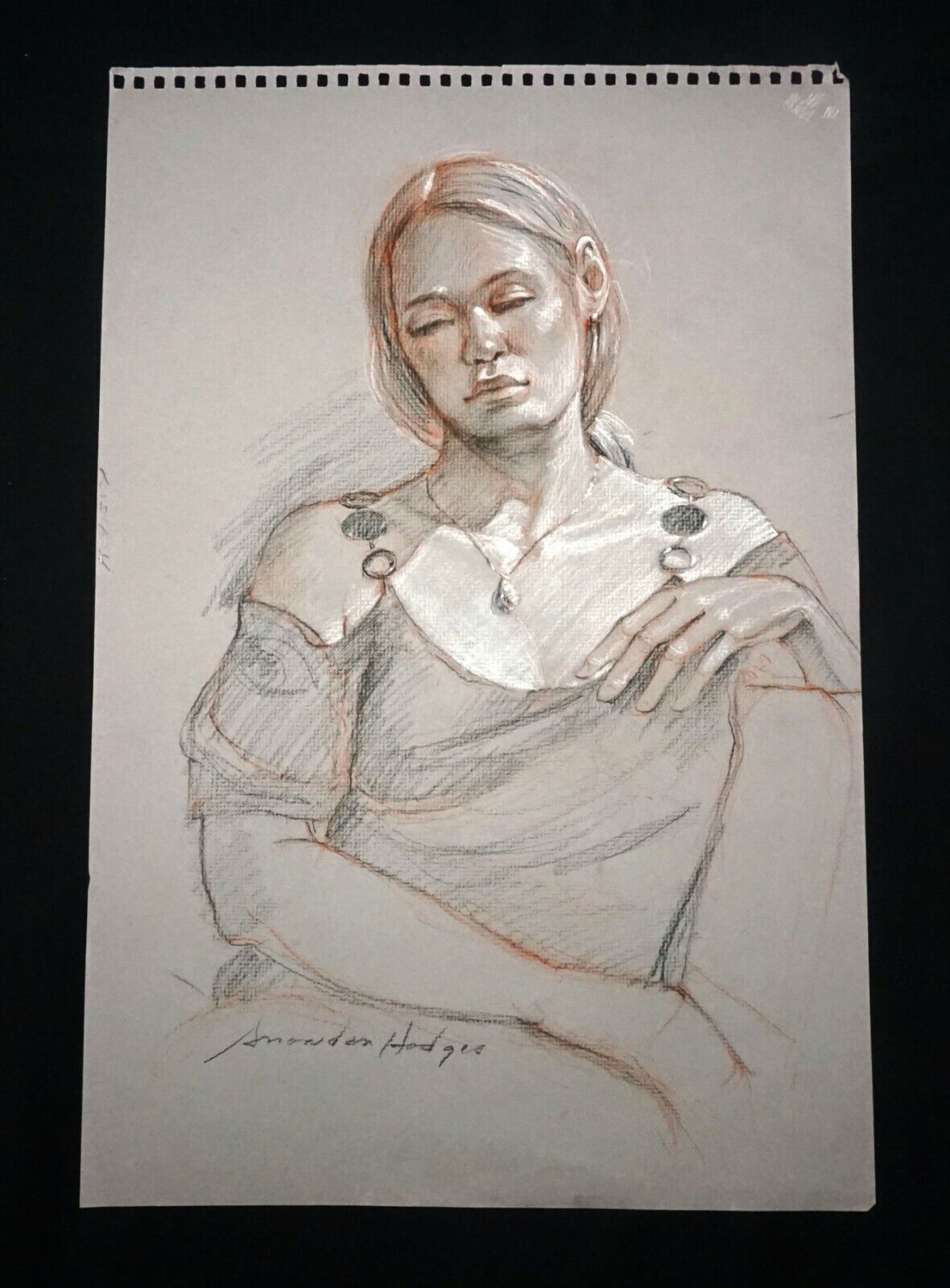 Hawaii Mixed Media Drawing Painting Seated Female Figure Snowden Hodges(Sho)#119