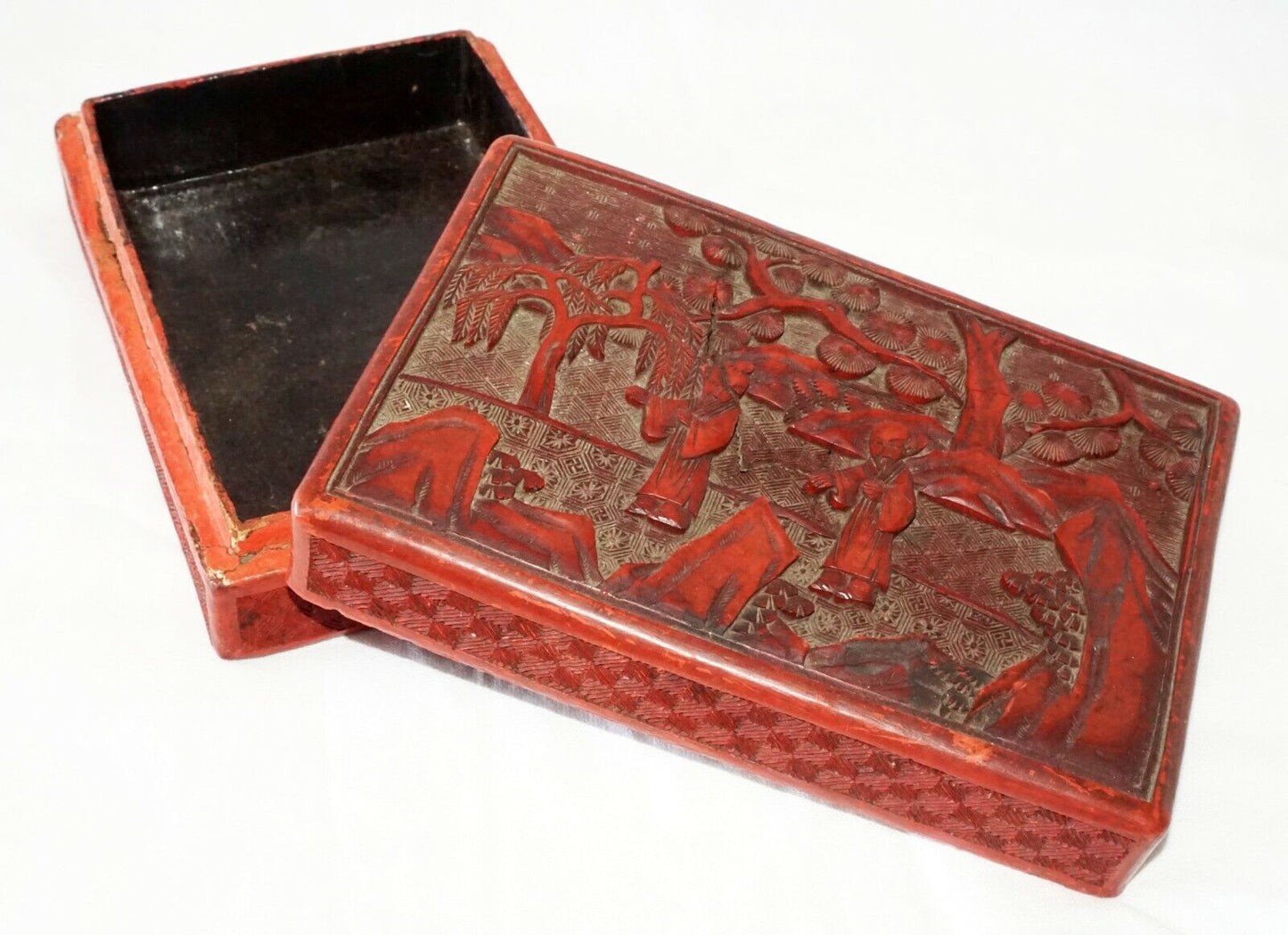 Antique Chinese Real Cinnabar Covered Box w. Scholars in a Garden Motif (DaC)