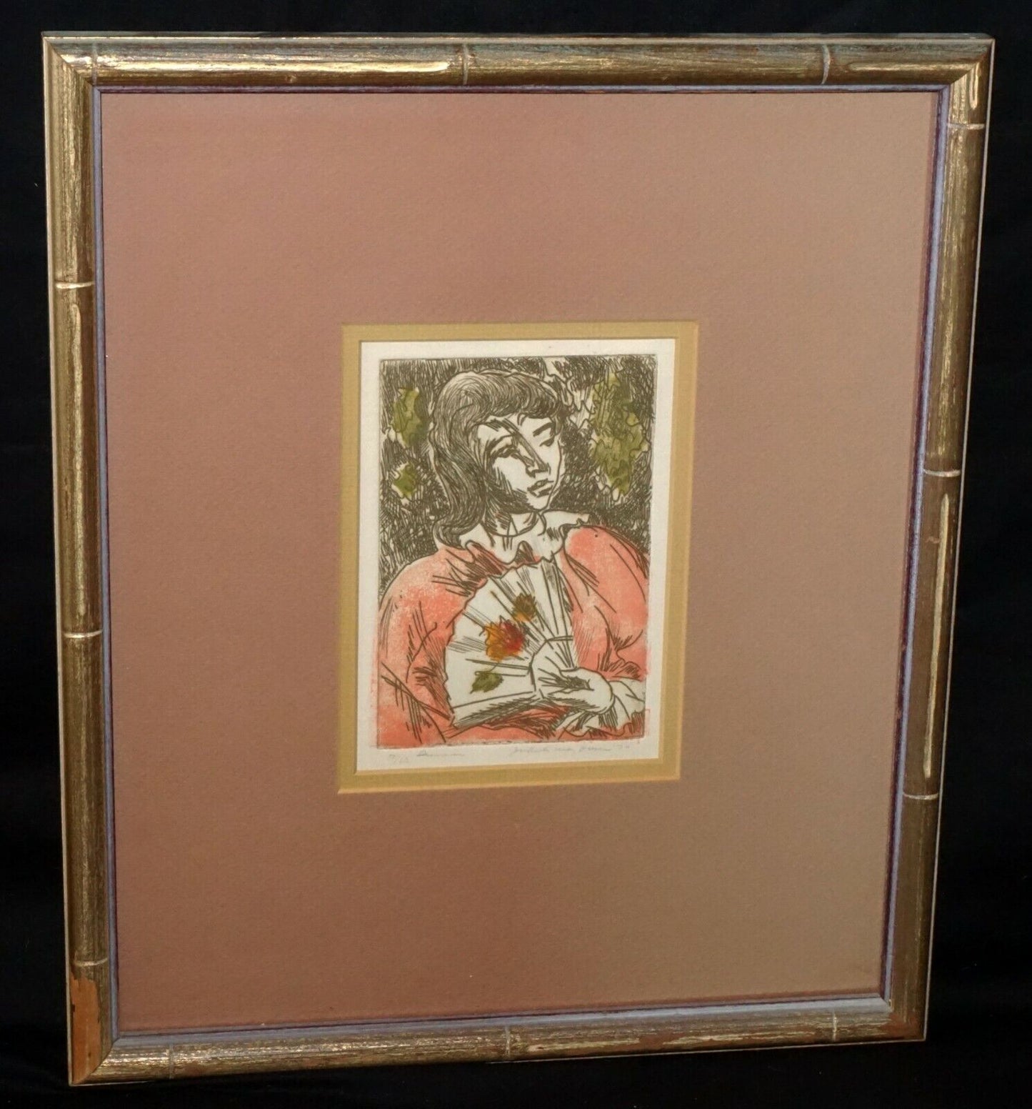 '70s Hawaii Color Etching Print Summer Girl w. Fan by Juliette May Fraser (MaM)