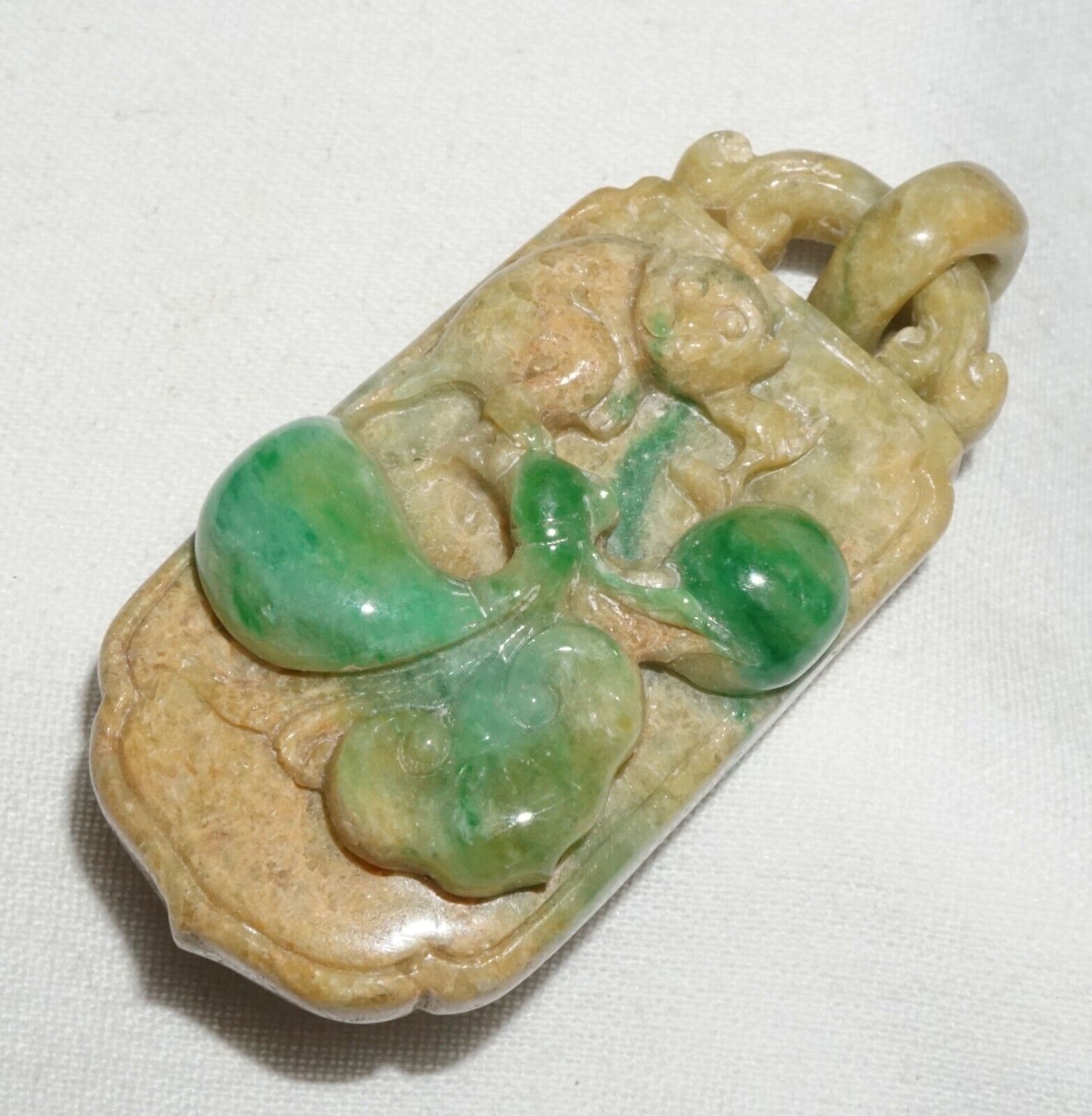 Vintage Chinese Jadeite Jade Locket Style Pendant w. Monkey Lingzhi Coin (---)