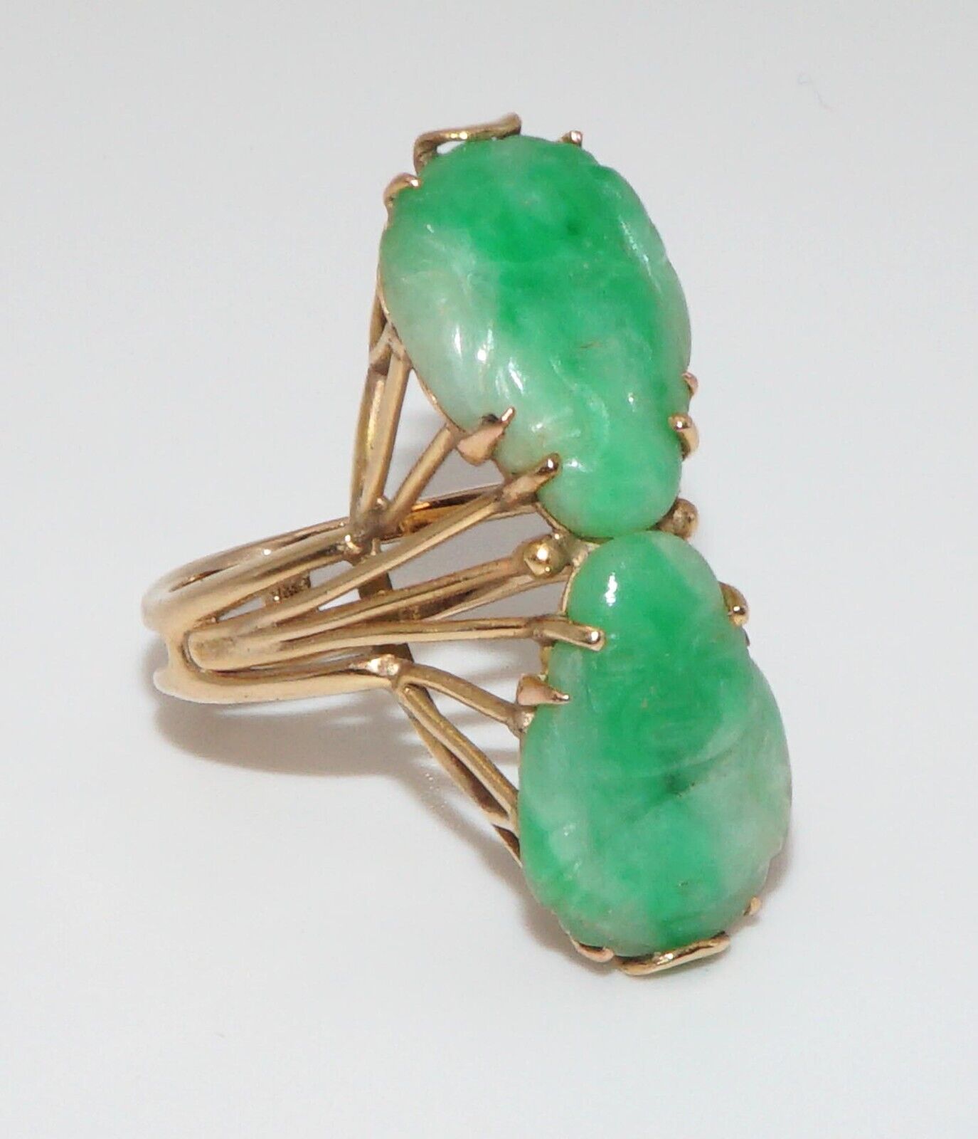 14k Gold Wireframe Ring w 2 Buddha Shaped Apple-Green Jades Sz. 7 1/2 (ArS)