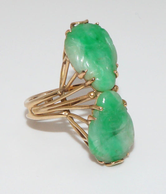 14k Gold Wireframe Ring w 2 Buddha Shaped Apple-Green Jades Sz. 7 1/2 (ArS)