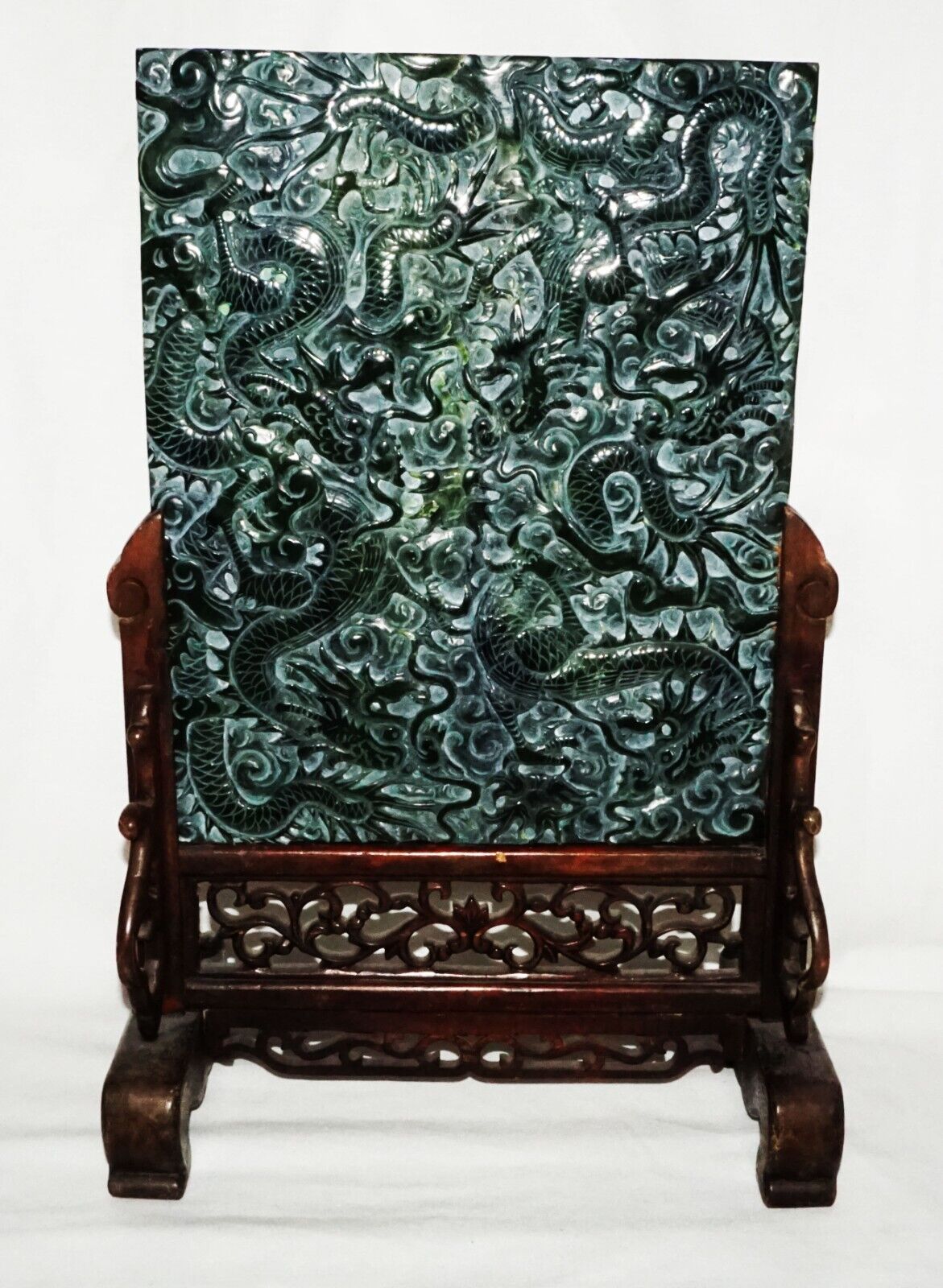 Vintage Chinese Nephrite Jade Table Screen w. Relief Writhing Dragon Stand (LeD)