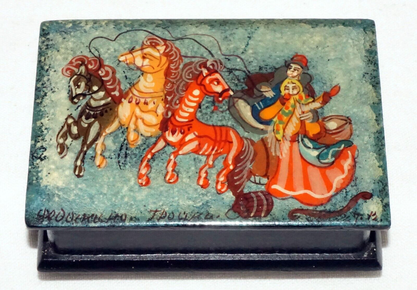 Vintage Russian Lacquer Box Two Figures & Three Horses signed (AHB)