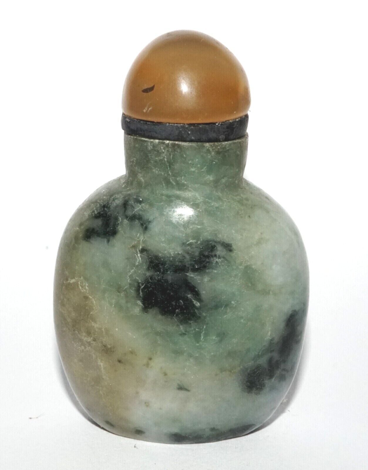 Vintage Chinese Jadeite Jade Carved Snuff Bottle w. Agate Stopper (LeS) G12