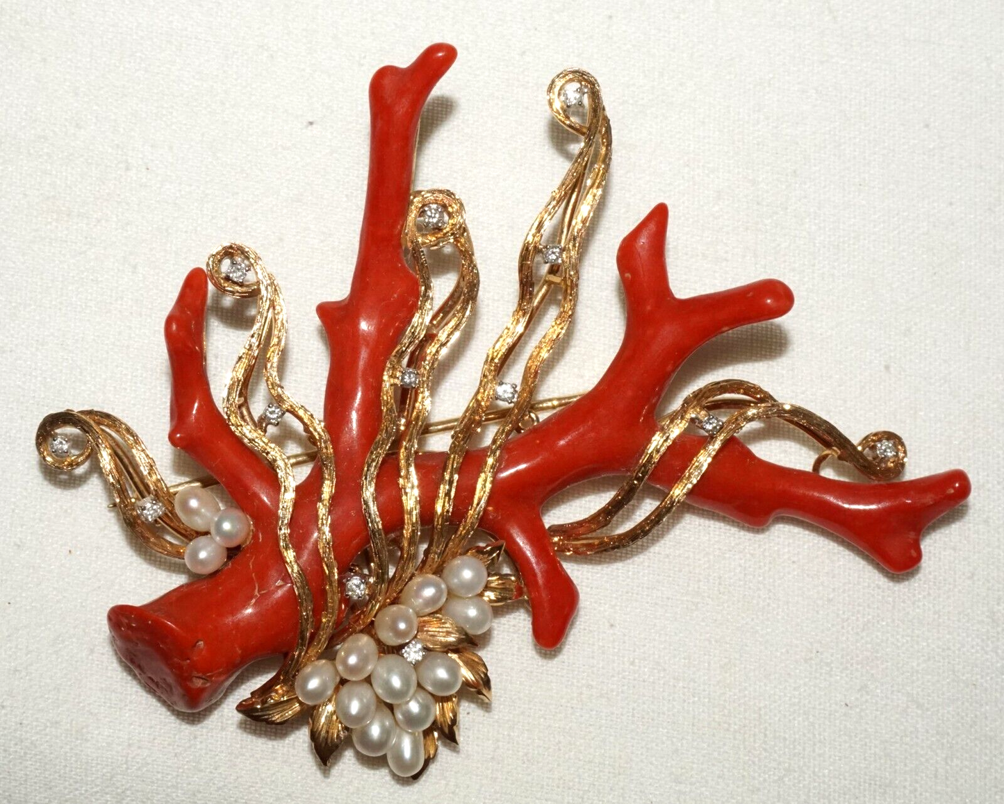 Vintage HK 14K Yellow Gold Brooch Pendant w Coral Branch Pearls & Diamonds (PaS)