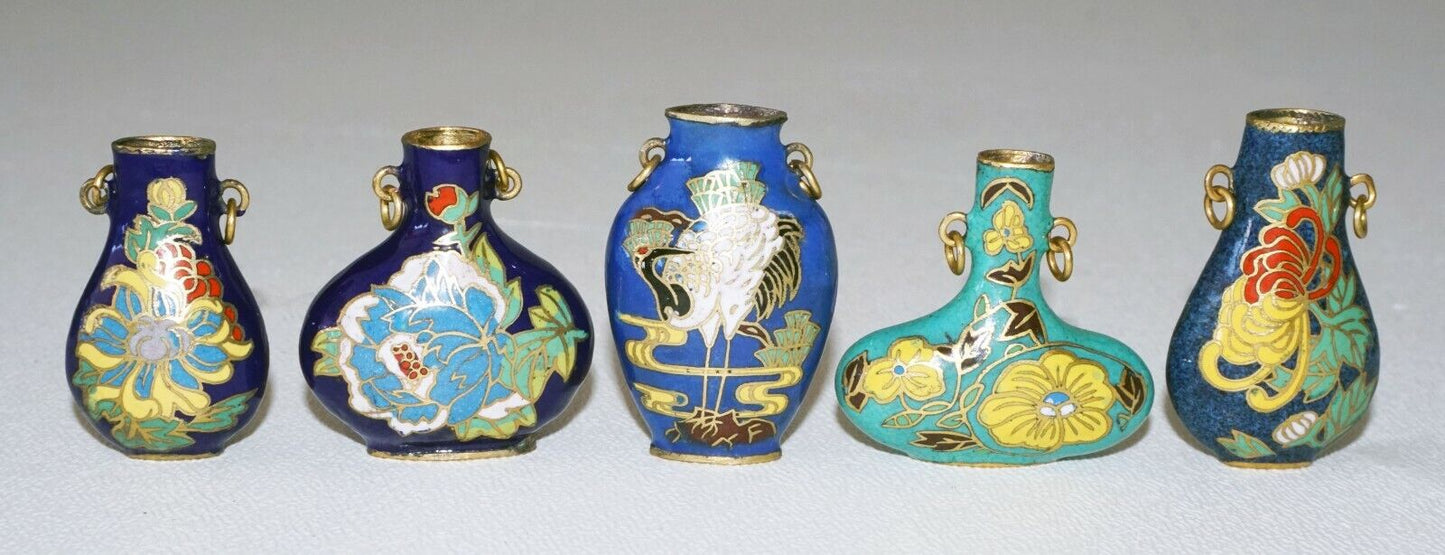 5Pc Chinese Cloisonne Enamel Miniature Vases w. Floral & Bird Motifs (DeL) #3