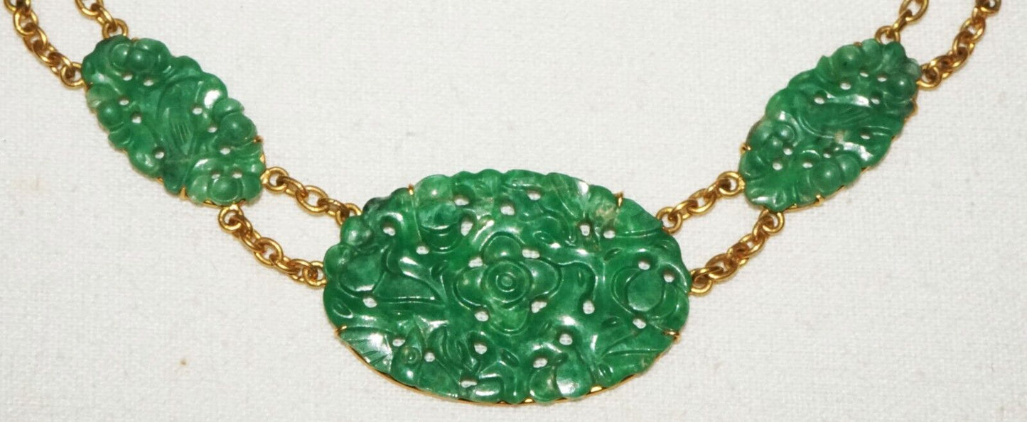 Vtg Chinese 10K Yellow Gold Necklace w. 9x Pierced Floral Jade Plaques (InS)L5