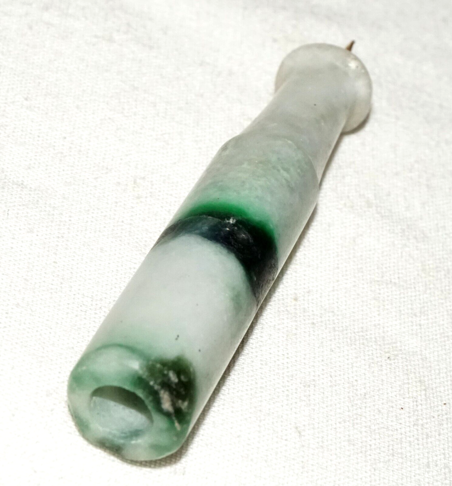 Vintage Chinese White & Emerald Jade Carved Cigarette Holder Pendant (LeS)L24