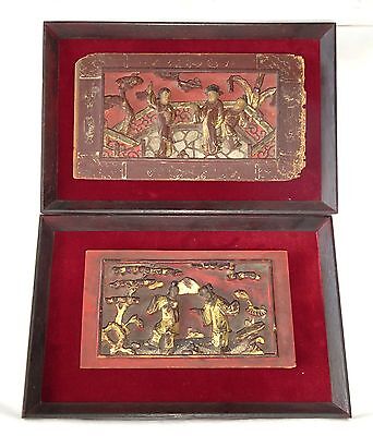 2x 19CT Chinese Framed Carved Red Panels of Scenes w. Figures in Gilt (Gem)