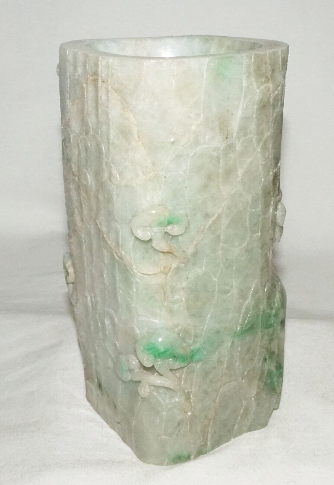 Chinese Jadeite Jade Carved Brush Pot w. Pine Tree Stump & Lingzhi Motifs (InS)