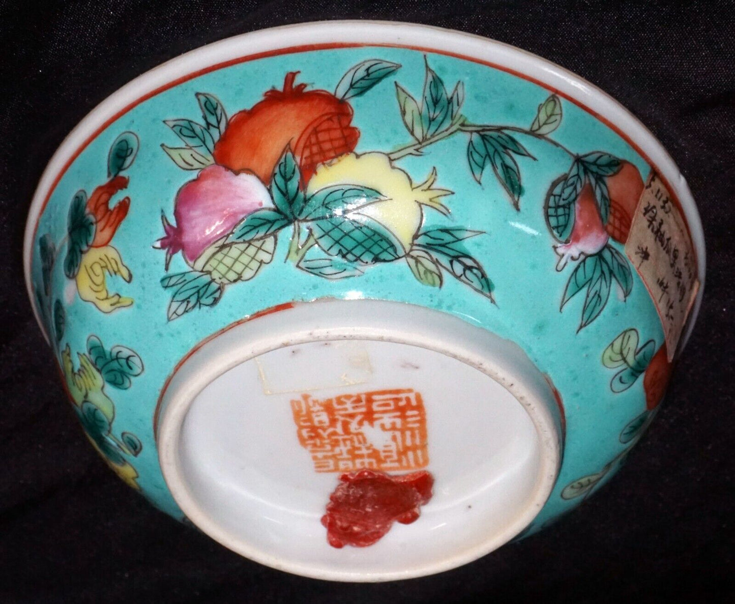 Antique Chinese Porcelain Bowl Multicolor Fruit Turquoise Ground Motif (WCa) IC