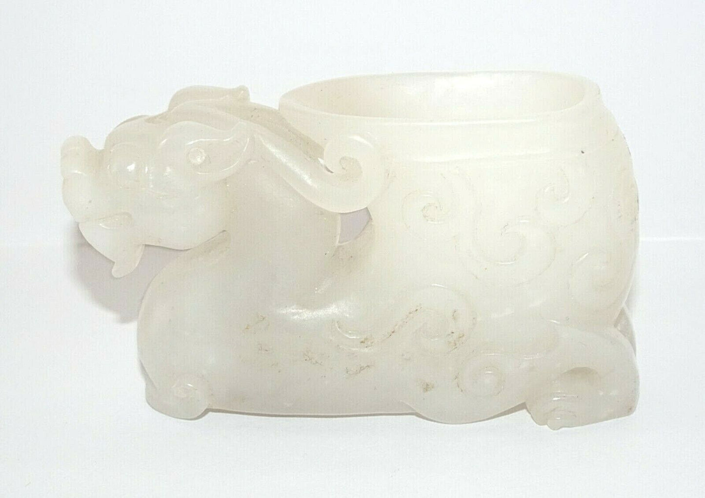 Vintage Chinese White Jade Mini Cup w. Nicely Carved Dragon Motif (AHB)