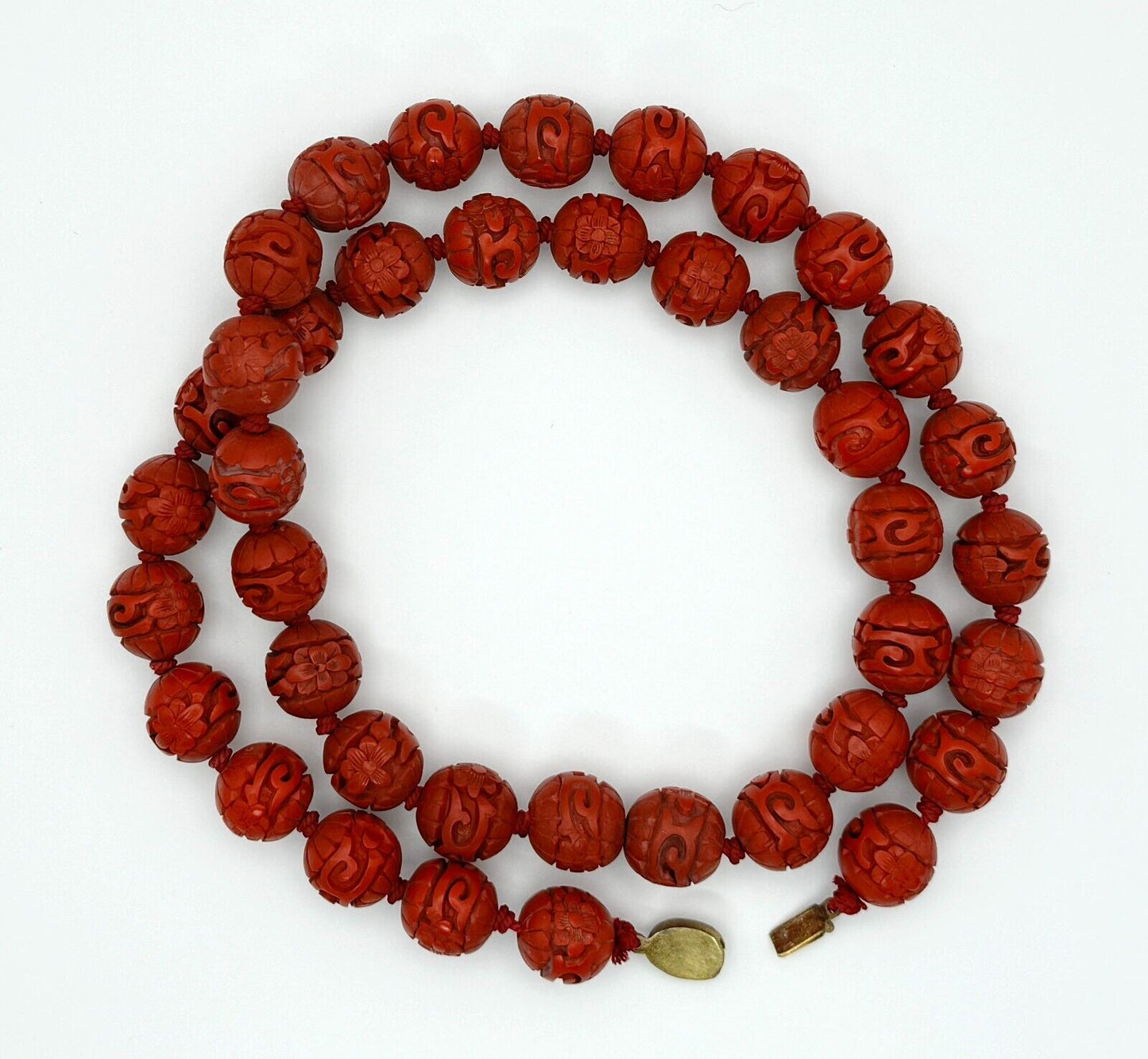 Vintage Chinese Hand-Carved Cinnabar Red Bead Necklace w Sterling Clasp (MiM)