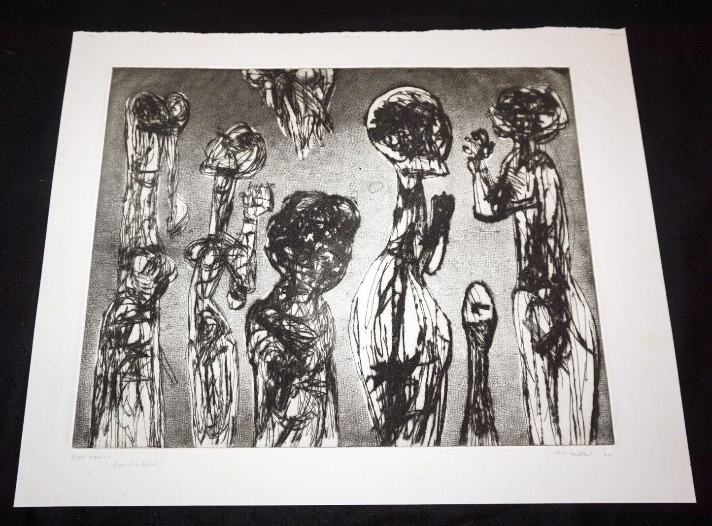 '62 California Abstract Etching Print "Sick Family" by William Hesthal (Mod)