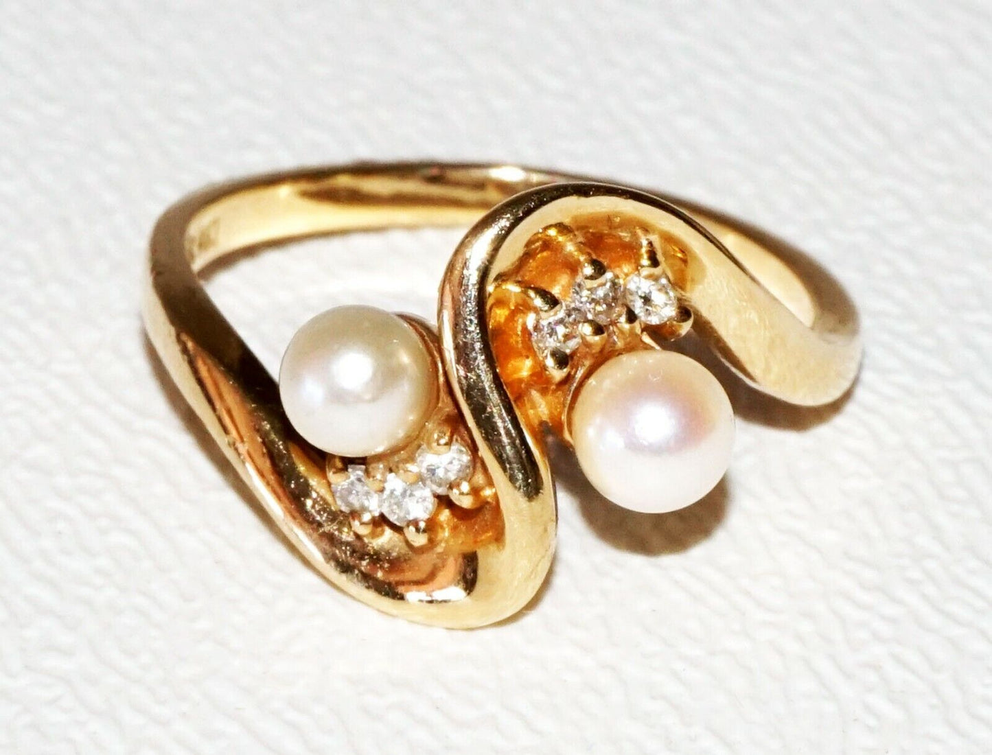 Modernist 14K Yellow Gold Ring Sz. 6.75 set w. 6x Diamonds & 2x Pearls (SaR) #19