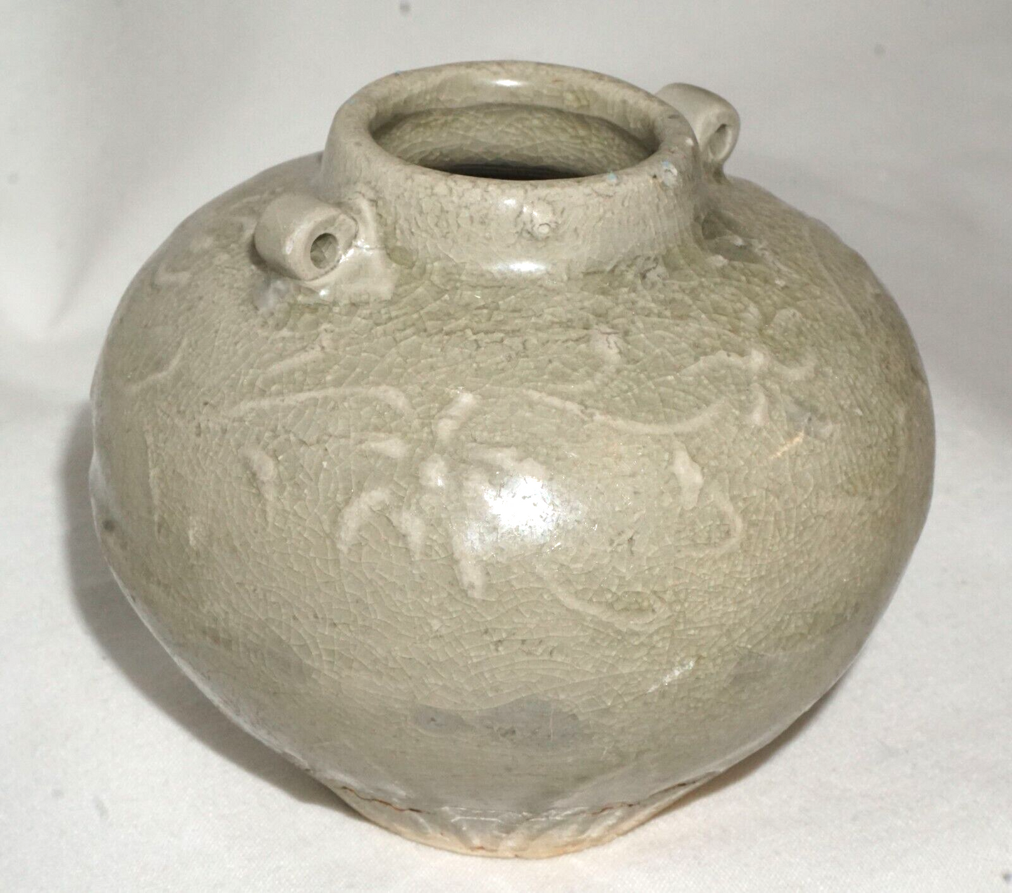 Chinese Song or Early Ming Pottery Jarlet Relief Floral Celadon (JSt)34 IC