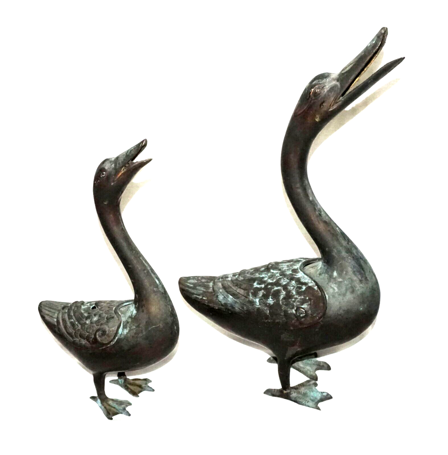 2Pc Chinese Bronze Incense Burners w. Squawking Geese Motif (NiC)