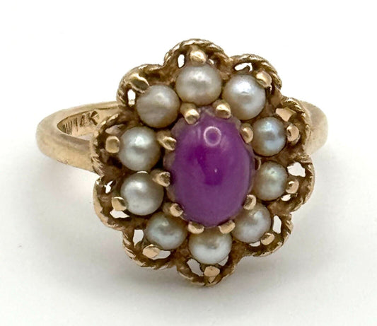 Vintage 14k Yellow Gold Ring Sz.6 w. a Ruby Cabochon & 10x Pearls (NeW)