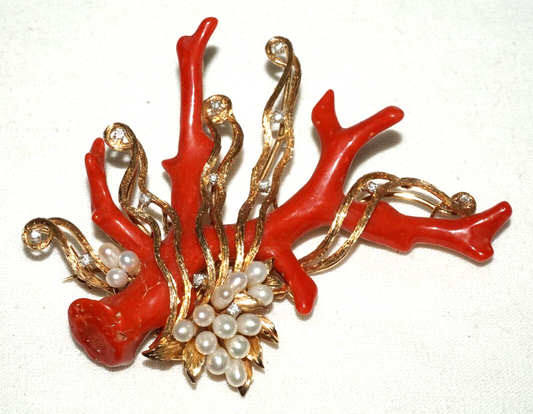 Vintage HK 14K Yellow Gold Brooch Pendant w Coral Branch Pearls & Diamonds (PaS)