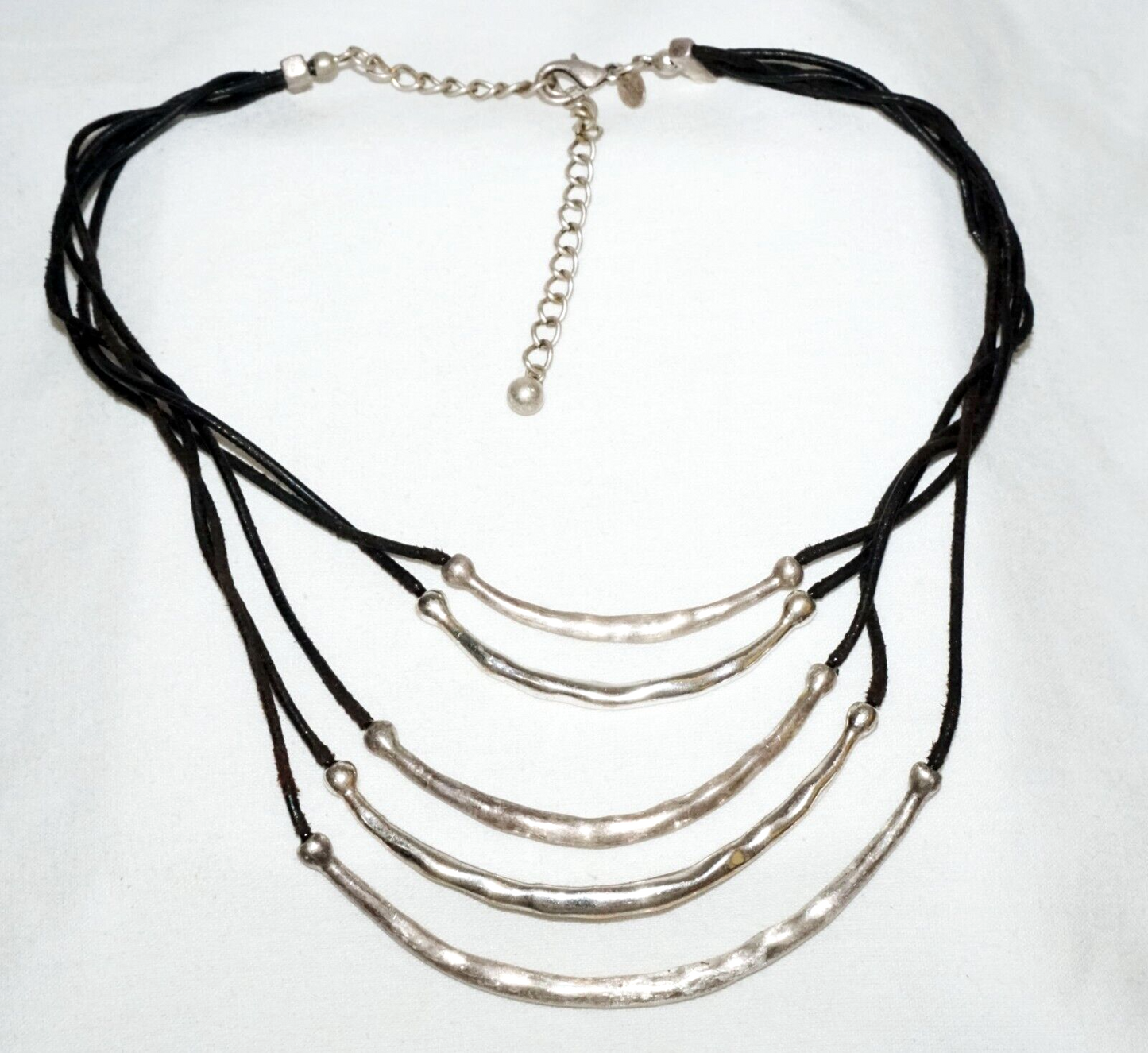 Vintage 5x Strand Leather Strap Necklace Silver Pendants & Clasp Chicos (KoS) L9