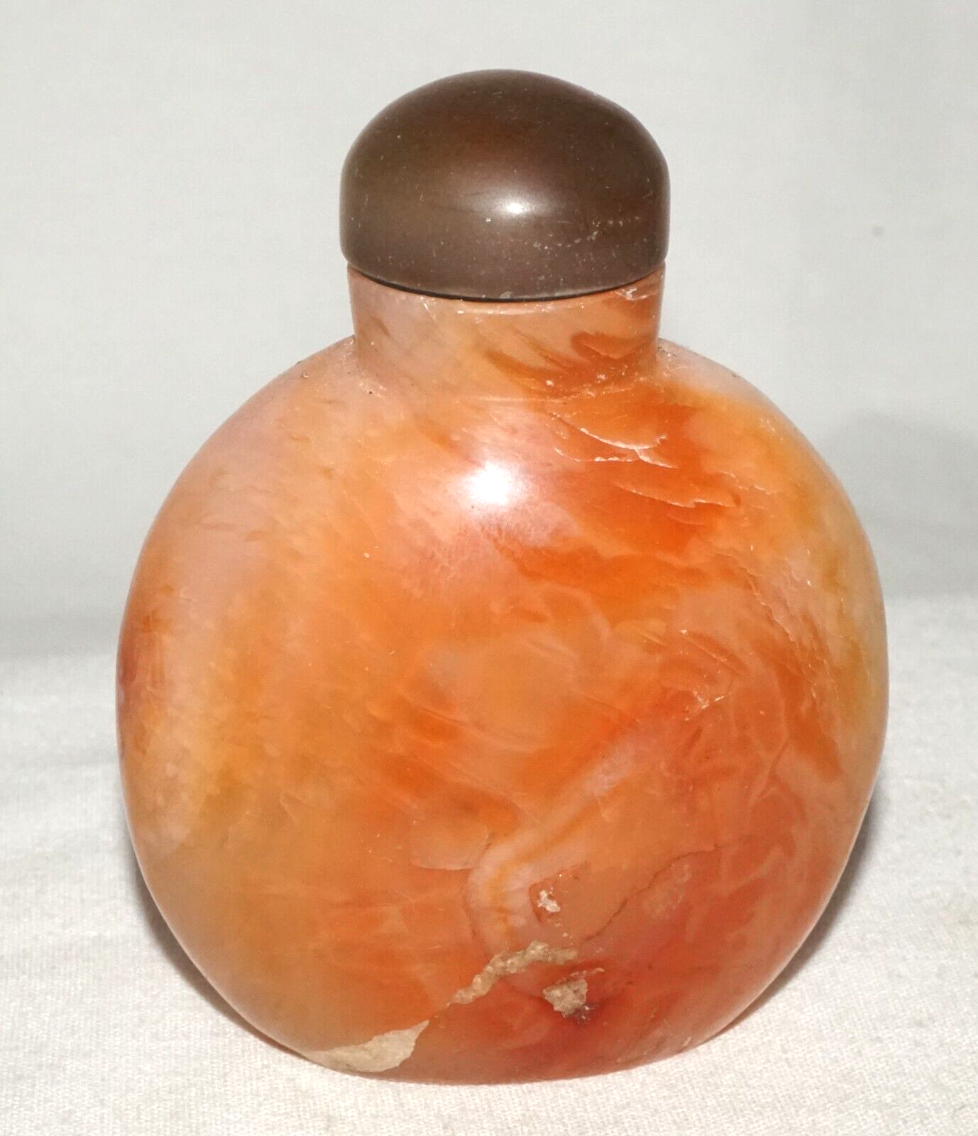 Vintage Chinese Orange & White Agate Snuff Bottle w. Stone Stopper (FeH)