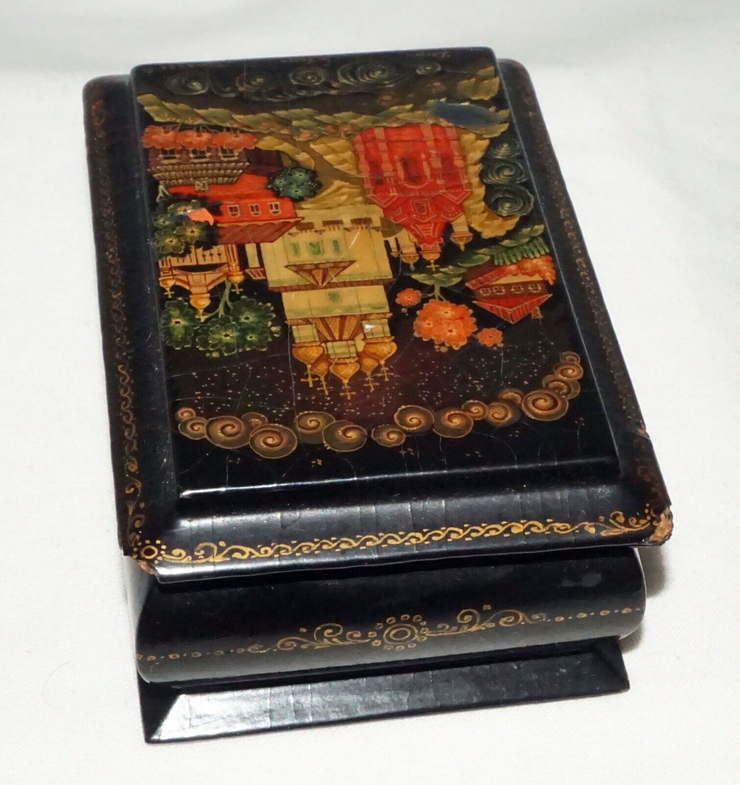 Vintage Russian Lacquer Box Church & Village Motif signed (AHB