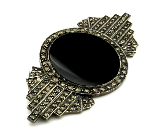 Vintage Sterling Art Deco Silver Brooch w Black Onyx & Marcasite Accents (TuC)