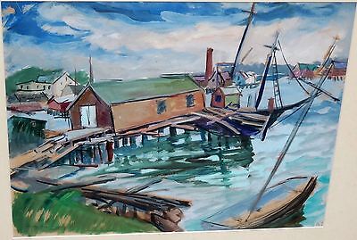 50's Hawaii Gouache Painting "Harbor View w. Boats" by Shirley Marie Russell