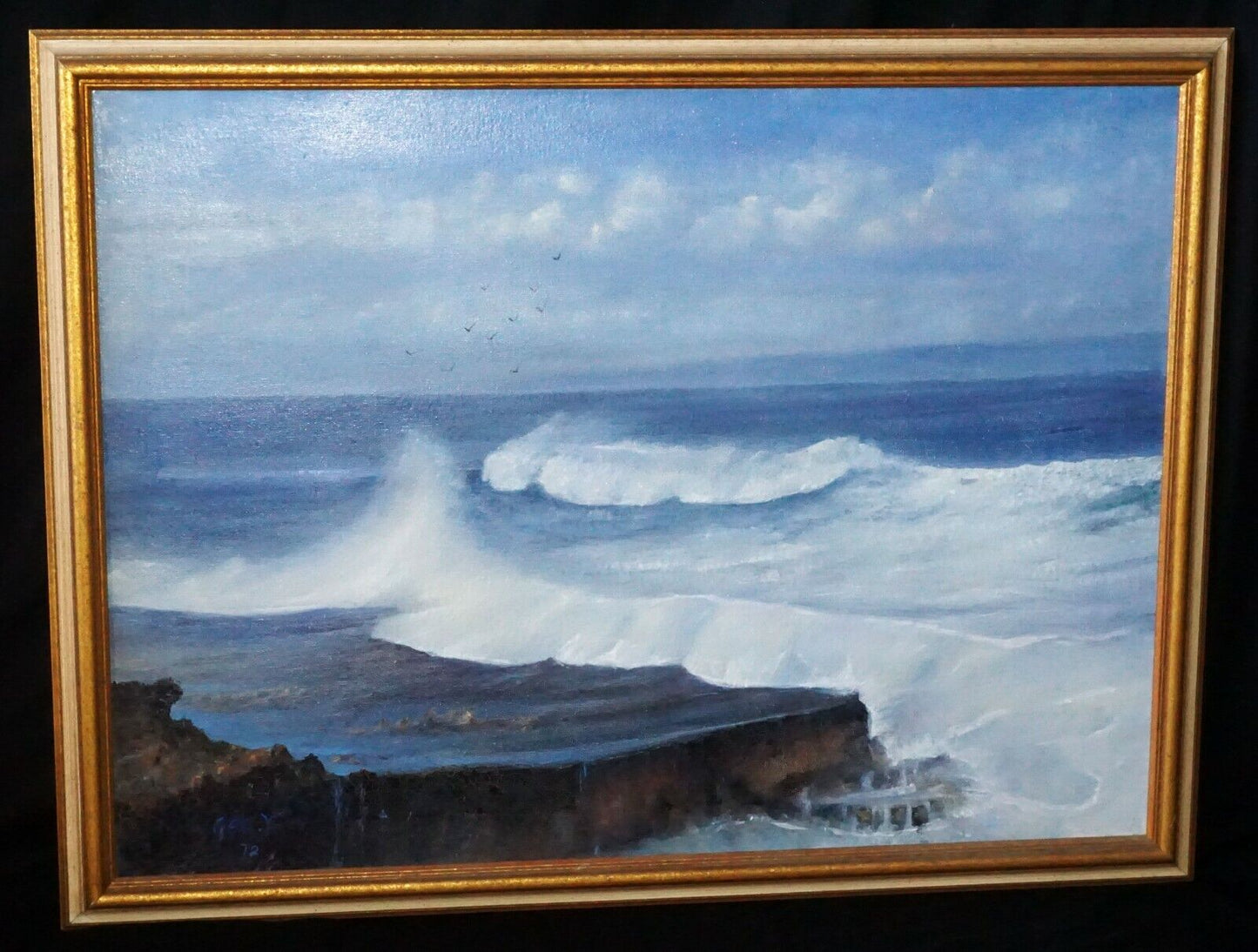 '72 Hawaii Oil Painting "Ocean Waves Crashing on Rocky Lava Shelf" Y. Gee (AkM)