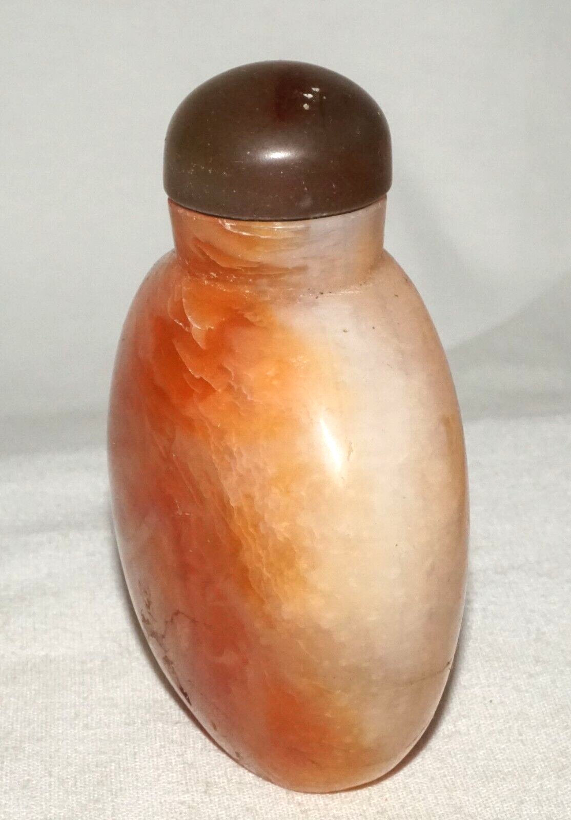 Vintage Chinese Orange & White Agate Snuff Bottle w. Stone Stopper (FeH)