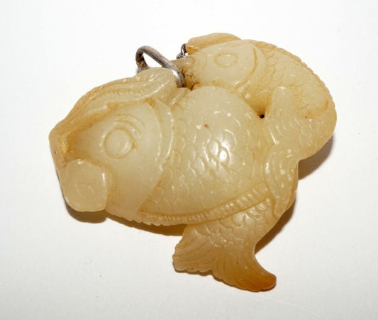 Vintage Chinese Yellow Jade Double Carp Motif Pendant w. Silver Chain (LeS) G9