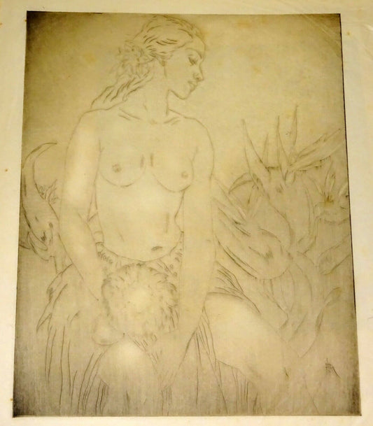 20s Hawaii Etching Print White Uli Uli Female Nude by John Melville Kelly (Kel)