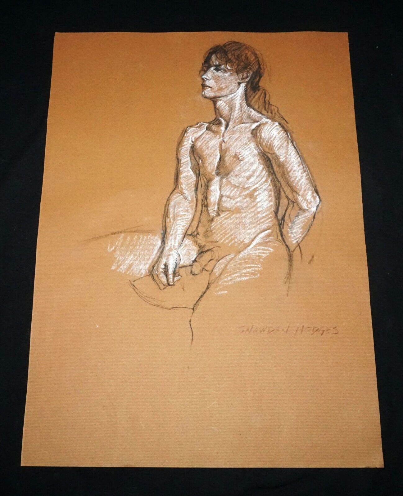 Hawaii Red/Black/White Conte Drawing Seated Male Nude by Snowden Hodges (Sho)#18